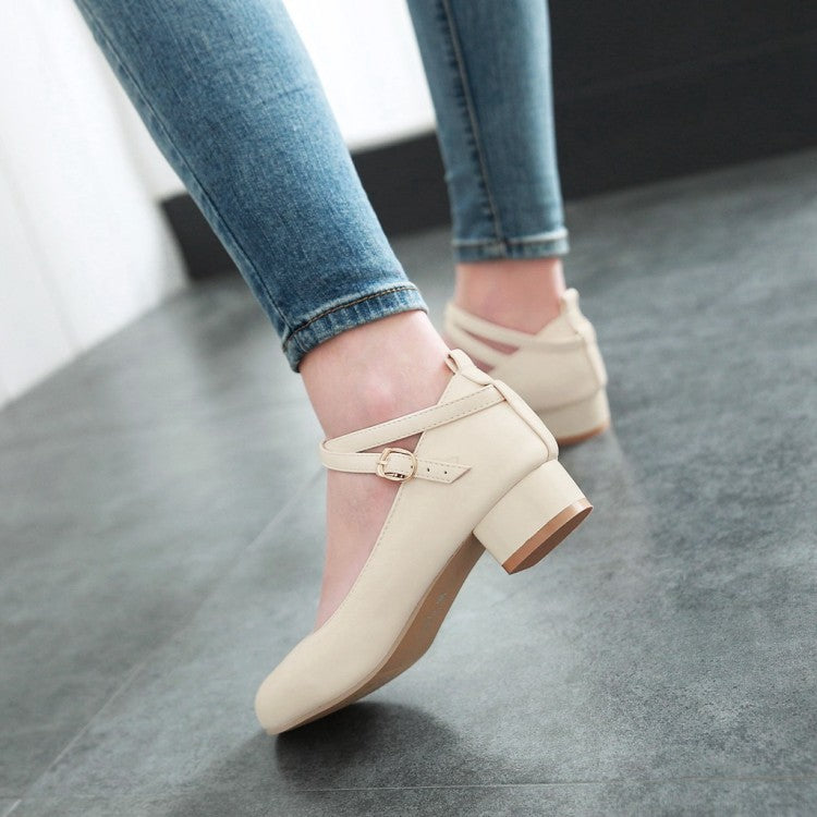 Women Ankle Strap Chunky Pumps Low Heels Shoes