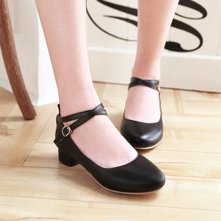 Women Ankle Strap Chunky Pumps Low Heels Shoes