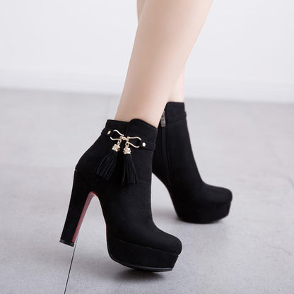 Flock Round Toe Tassel Side Zippers Block Chunky Heel Platform Short Boots for Women