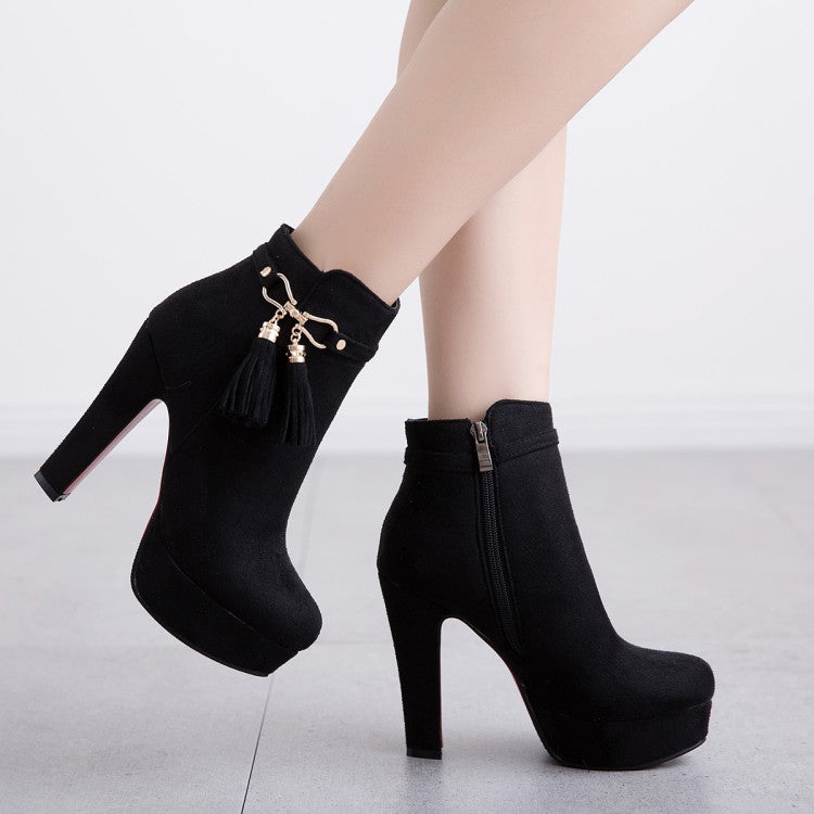 Flock Round Toe Tassel Side Zippers Block Chunky Heel Platform Short Boots for Women