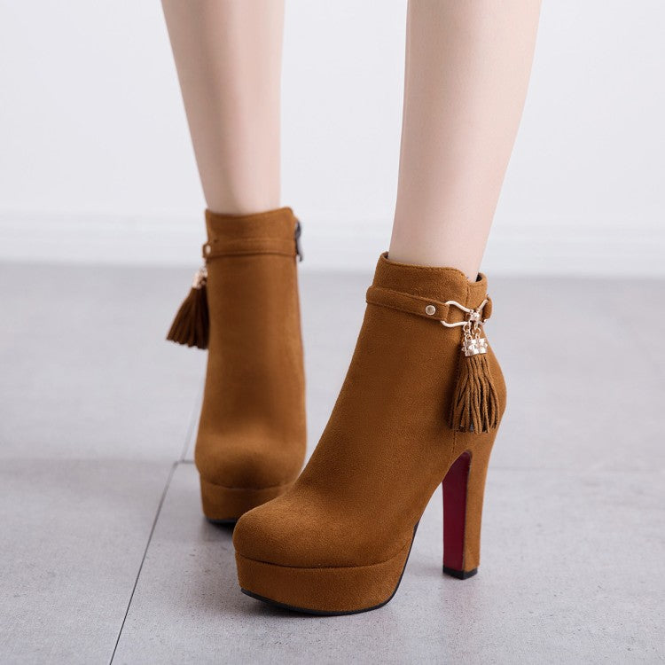 Flock Round Toe Tassel Side Zippers Block Chunky Heel Platform Short Boots for Women