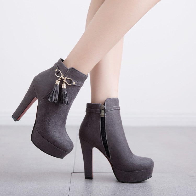 Flock Round Toe Tassel Side Zippers Block Chunky Heel Platform Short Boots for Women