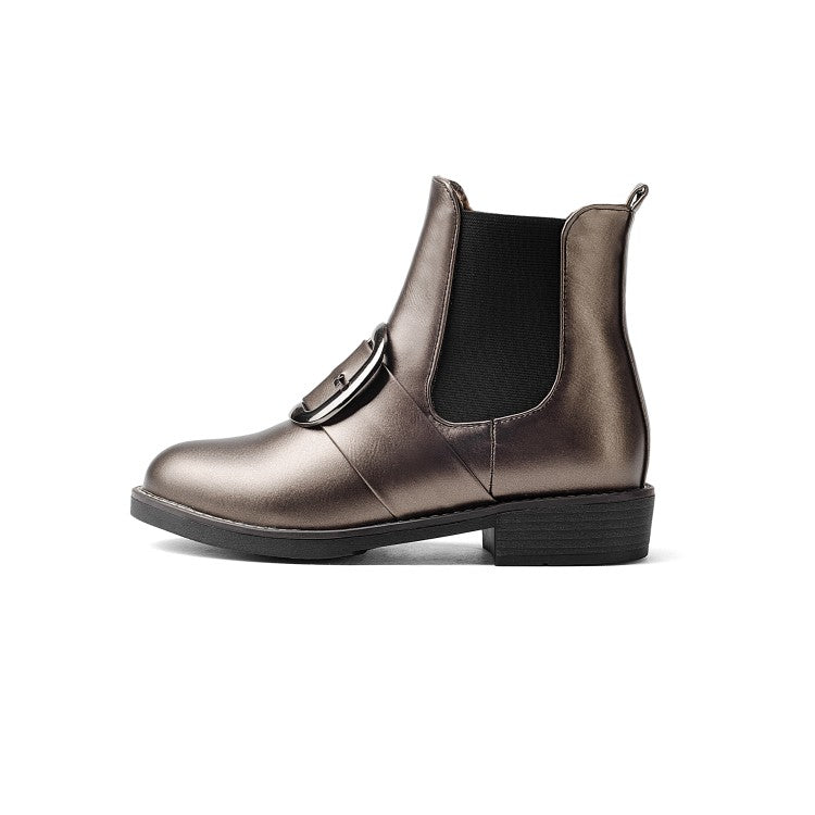 Pu Leather Buckle Straps Stretch Short Chelsea Boots for Women