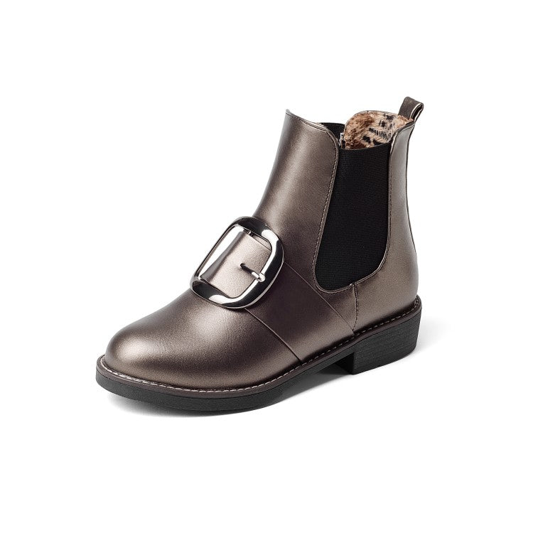 Pu Leather Buckle Straps Stretch Short Chelsea Boots for Women