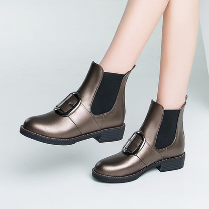 Pu Leather Buckle Straps Stretch Short Chelsea Boots for Women