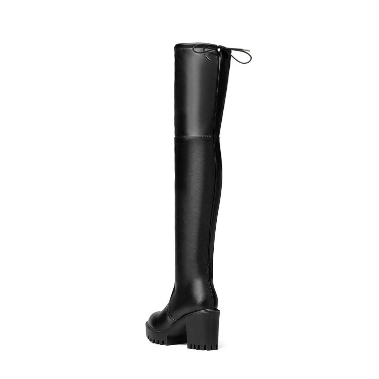 Pu Leather Round Toe Side Zippers Block Chunky Heel Platform Over the Knee Boots for Women