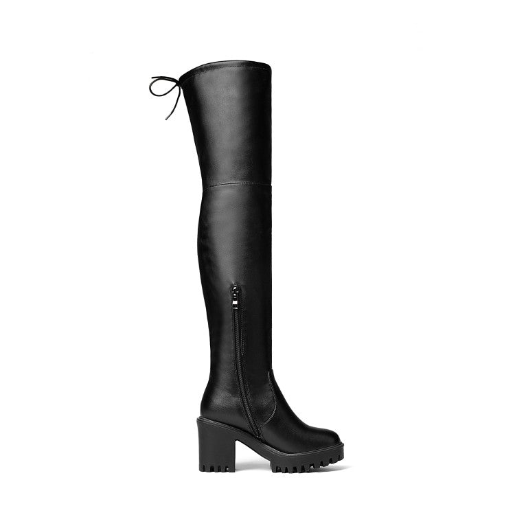 Pu Leather Round Toe Side Zippers Block Chunky Heel Platform Over the Knee Boots for Women