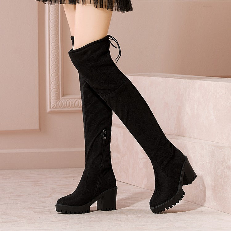 Side Zippers Block Chunky Heel Platform Over the Knee Boots for Women