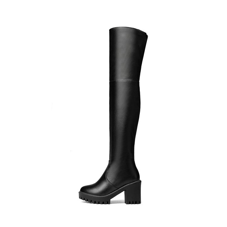 Round Toe Side Zippers Block Chunky Heel Platform Over the Knee Boots for Women