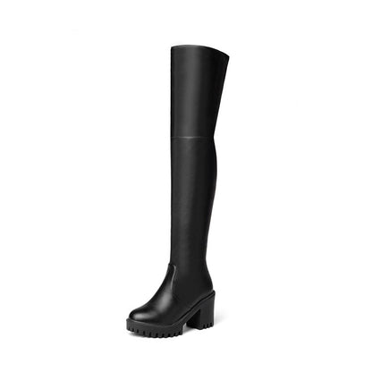 Round Toe Side Zippers Block Chunky Heel Platform Over the Knee Boots for Women