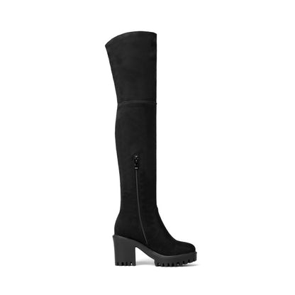 Round Toe Side Zippers Block Chunky Heel Platform Over the Knee Boots for Women