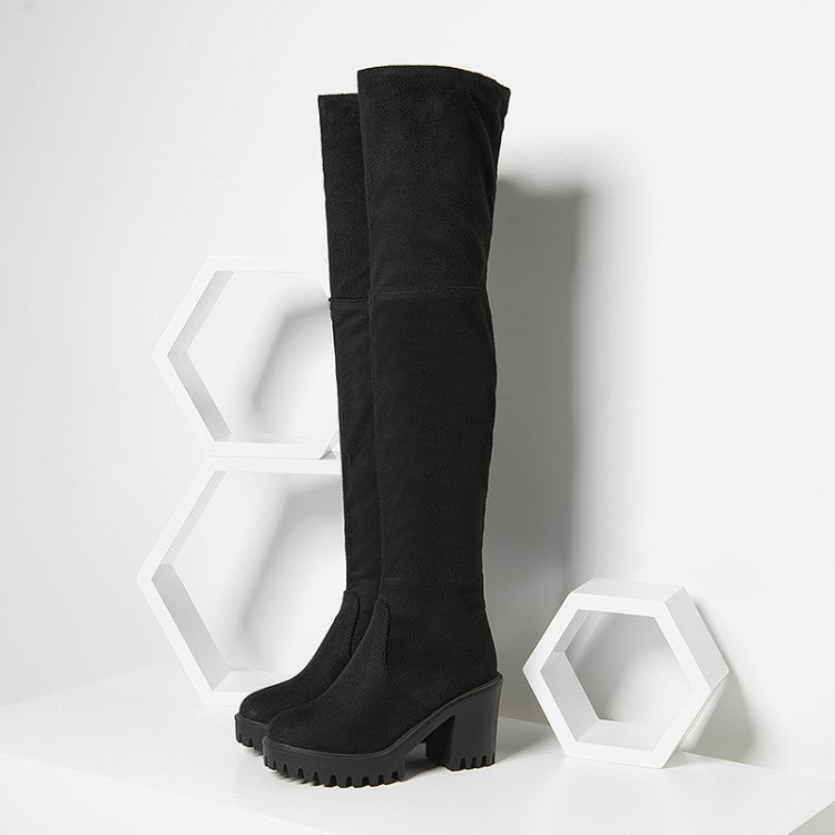 Round Toe Side Zippers Block Chunky Heel Platform Over the Knee Boots for Women