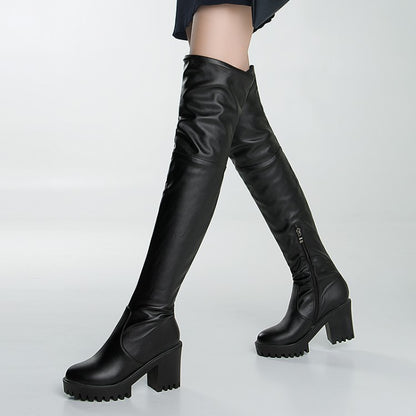 Round Toe Side Zippers Block Chunky Heel Platform Over the Knee Boots for Women