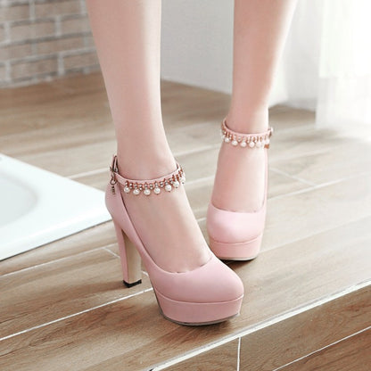 Ladies Round Toe Rhinestone Pearls Chunky Heel Platform Pumps