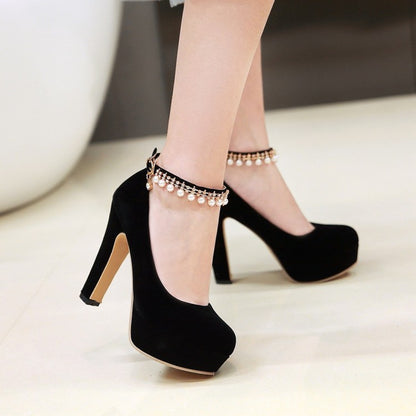 Ladies Round Toe Rhinestone Pearls Chunky Heel Platform Pumps