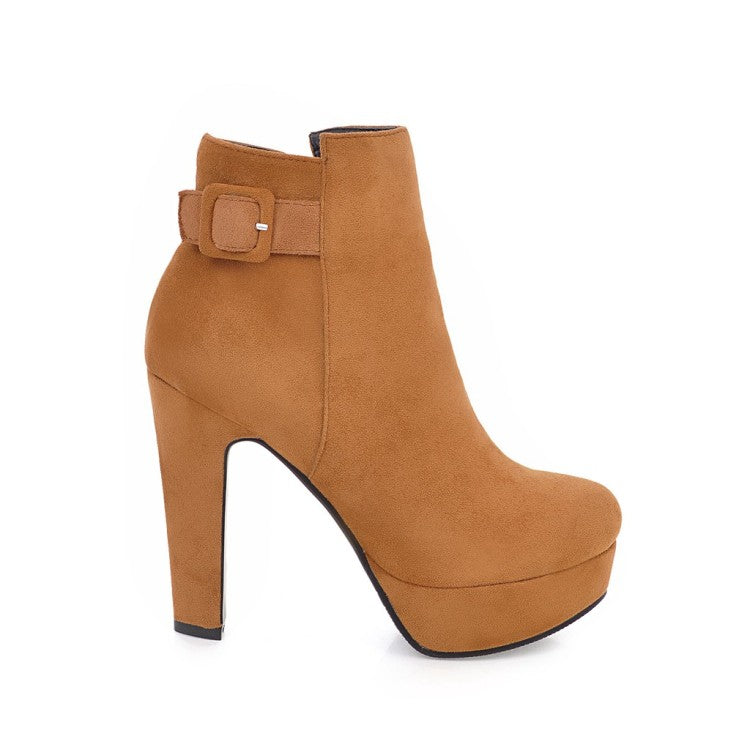 Ladies Suede Round Toe Side Zippers Chunky Heel Platform Short Boots