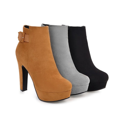 Ladies Suede Round Toe Side Zippers Chunky Heel Platform Short Boots