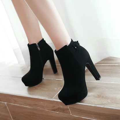 Ladies Suede Round Toe Side Zippers Chunky Heel Platform Short Boots