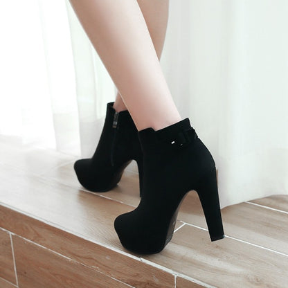 Ladies Suede Round Toe Side Zippers Chunky Heel Platform Short Boots