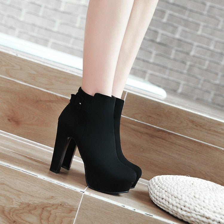 Ladies Suede Round Toe Side Zippers Chunky Heel Platform Short Boots