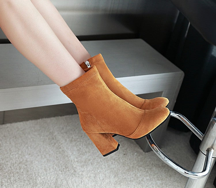 Ladies Suede Round Toe Side Zippers Block Heel Short Boots