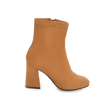 Ladies Suede Round Toe Side Zippers Block Heel Short Boots