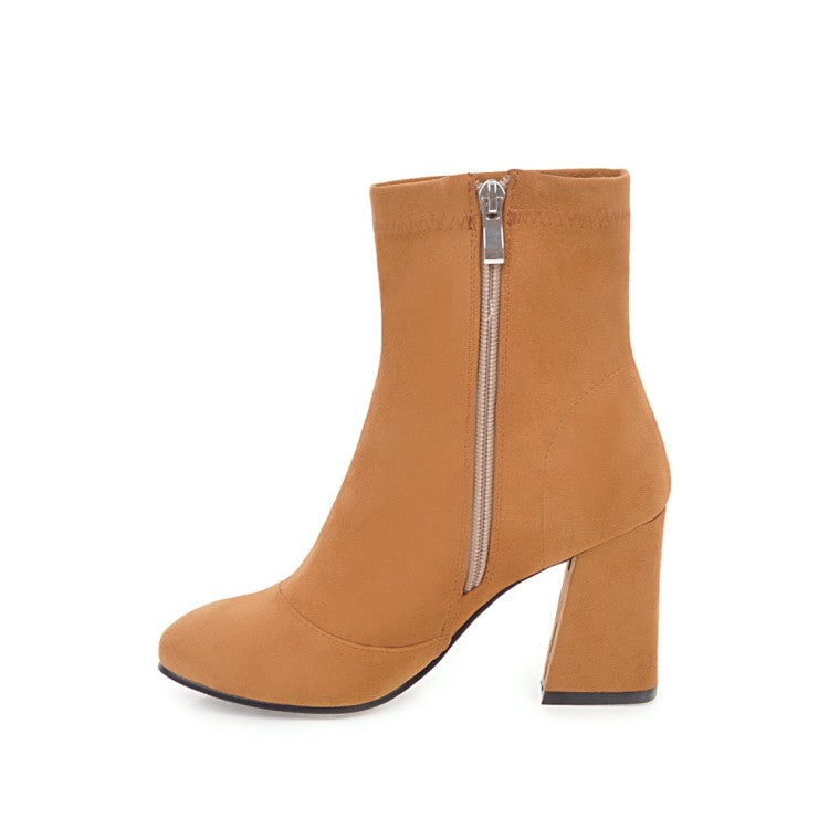 Ladies Suede Round Toe Side Zippers Block Heel Short Boots