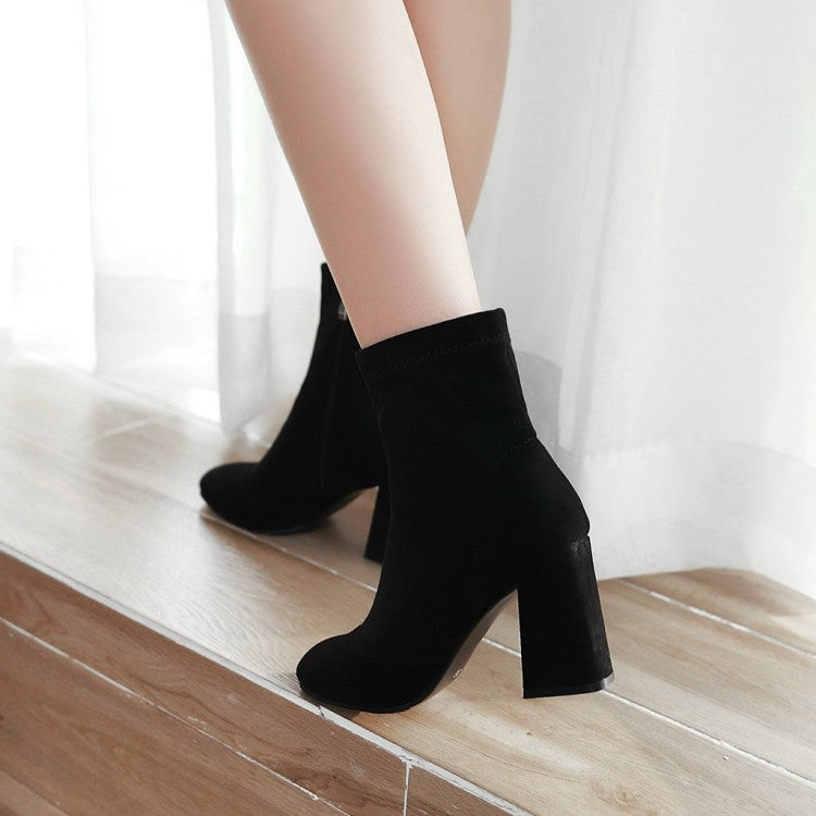 Ladies Suede Round Toe Side Zippers Block Heel Short Boots