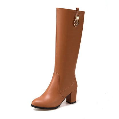 Pu Leather Side Zippers Metal Buckles Block Chunky Heel Knee High Boots for Women