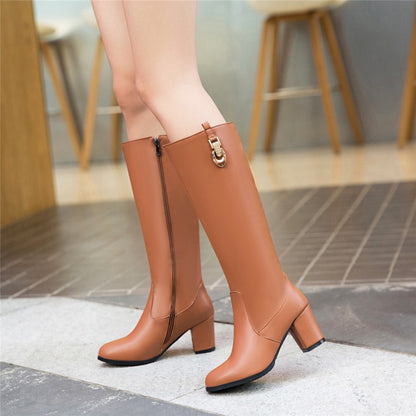 Pu Leather Side Zippers Metal Buckles Block Chunky Heel Knee High Boots for Women