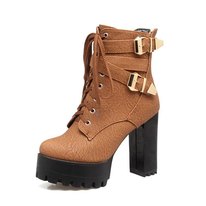 Ladies Frosted Pu Leather Round Toe Tied Belts Buckles Block Heel Platform Short Boots