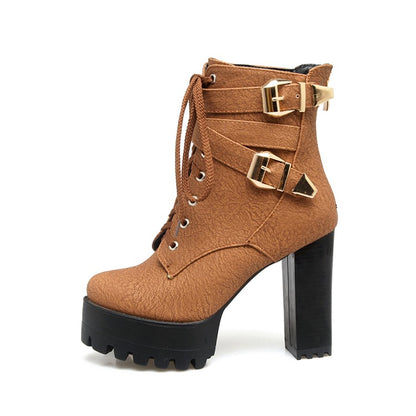 Ladies Frosted Pu Leather Round Toe Tied Belts Buckles Block Heel Platform Short Boots