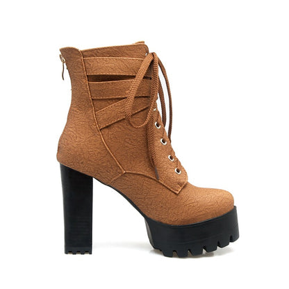 Ladies Frosted Pu Leather Round Toe Tied Belts Buckles Block Heel Platform Short Boots