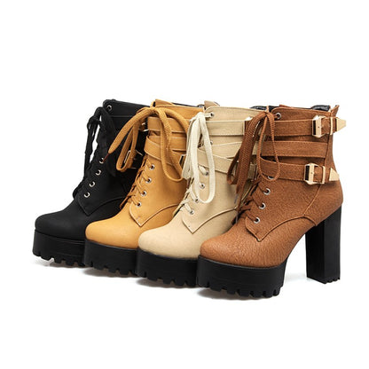 Ladies Frosted Pu Leather Round Toe Tied Belts Buckles Block Heel Platform Short Boots