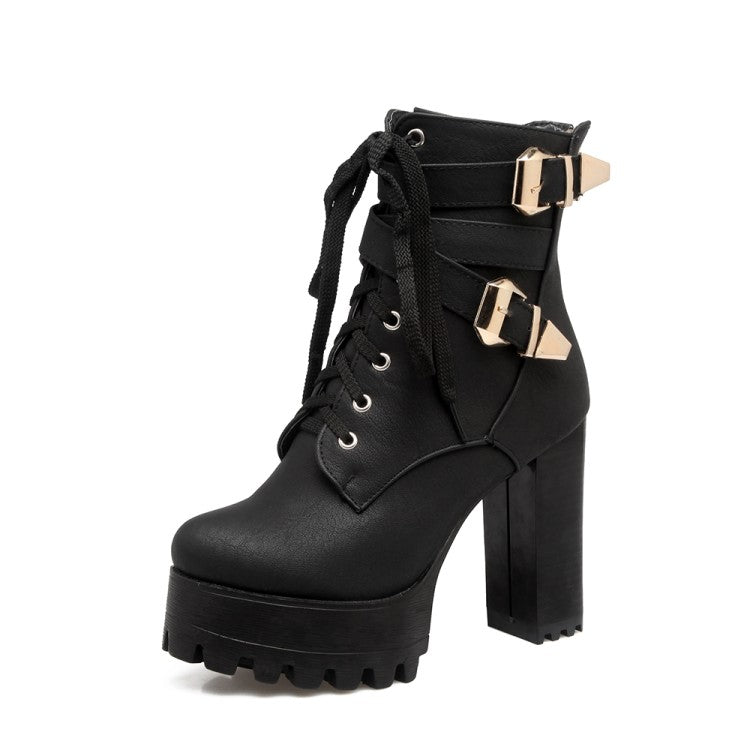 Ladies Frosted Pu Leather Round Toe Tied Belts Buckles Block Heel Platform Short Boots