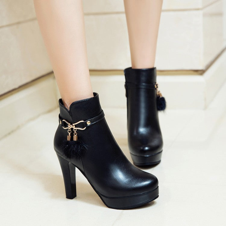 Pu Leather Almond Toe Fur Ball Side Zippers Block Chunky Heel Platform Short Boots for Women