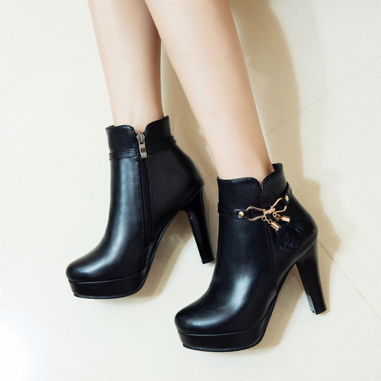 Pu Leather Almond Toe Fur Ball Side Zippers Block Chunky Heel Platform Short Boots for Women