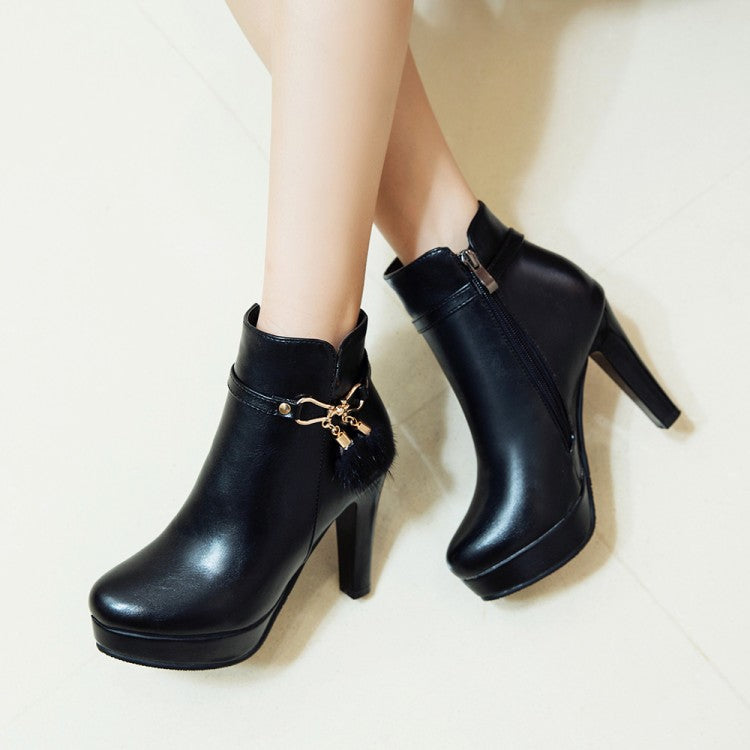 Pu Leather Almond Toe Fur Ball Side Zippers Block Chunky Heel Platform Short Boots for Women