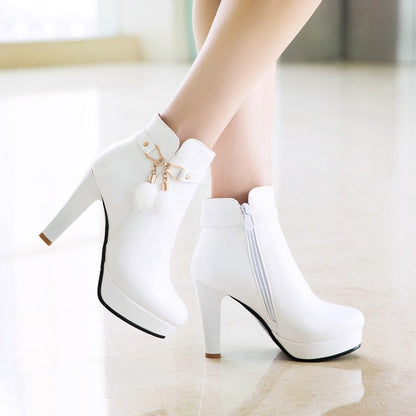 Pu Leather Almond Toe Fur Ball Side Zippers Block Chunky Heel Platform Short Boots for Women