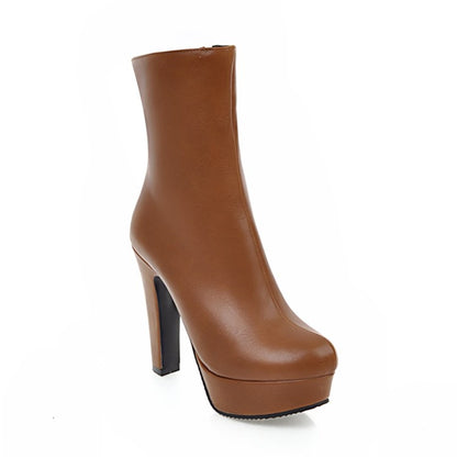 Ladies Pu Leather Round Toe Platform Chunky Heel Short Boots