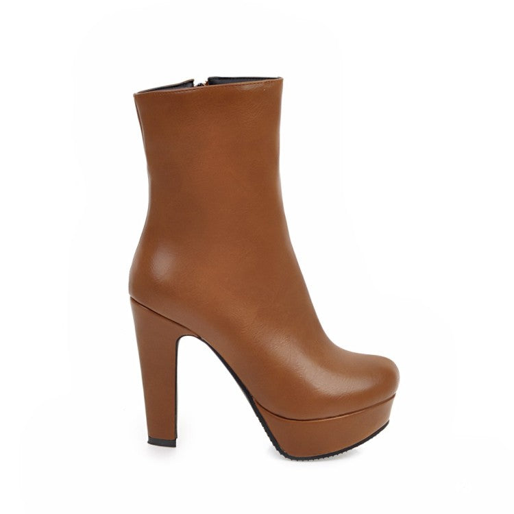 Ladies Pu Leather Round Toe Platform Chunky Heel Short Boots