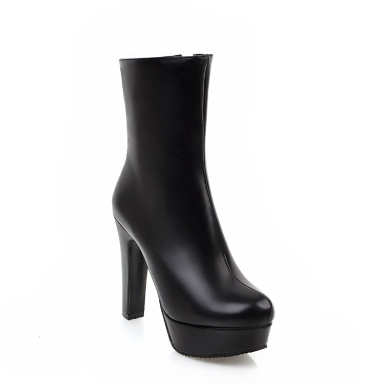 Ladies Pu Leather Round Toe Platform Chunky Heel Short Boots