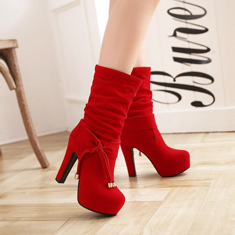 Ladies Suede Round Toe Side Tied Belts Chunky Heel Platform Short Boots