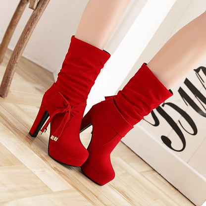 Ladies Suede Round Toe Side Tied Belts Chunky Heel Platform Short Boots