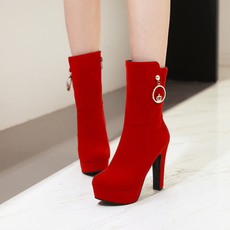 Ladies Suede Metal Buckles Round Toe Platform Chunky Heel Short Boots