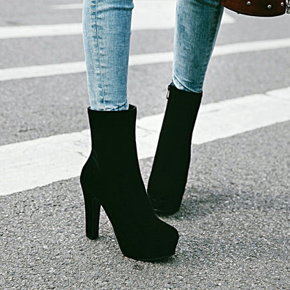 Ladies Suede Round Toe Side Zippers Platform Chunky Heel Short Boots