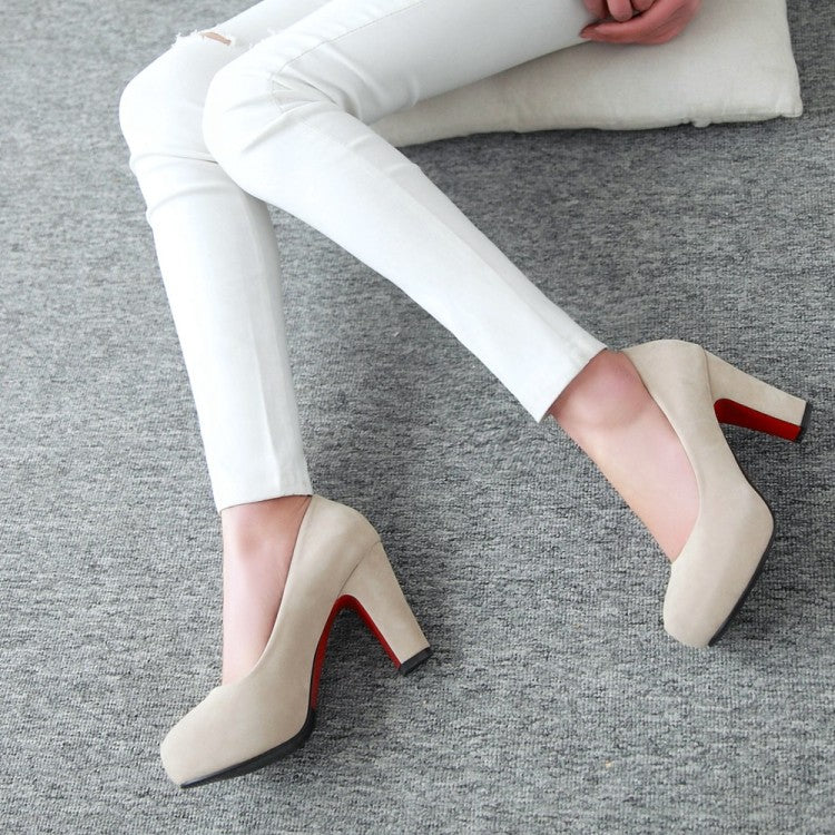 Ladies Suede Almond Toe Chunky Heels High Heel Platform Pumps