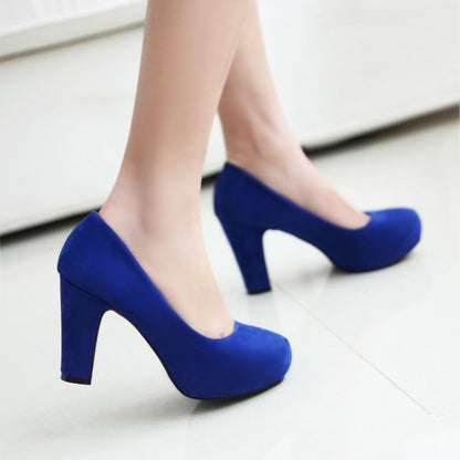 Ladies Suede Almond Toe Chunky Heels High Heel Platform Pumps