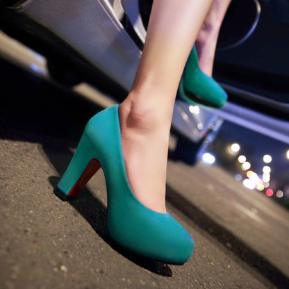 Ladies Suede Almond Toe Chunky Heels High Heel Platform Pumps