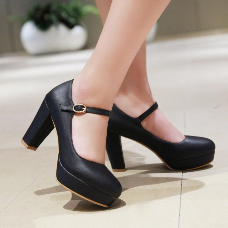 Ladies Pu Leather Almond Toe Ankle Strap Block Heels High Heel Platform Pumps